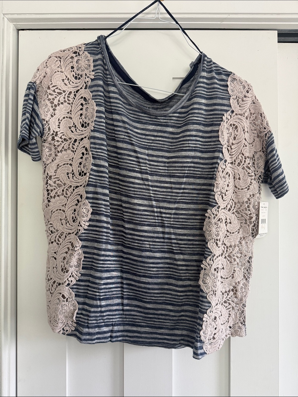 We The Free Navy Striped Tee with Blush Lace Trim